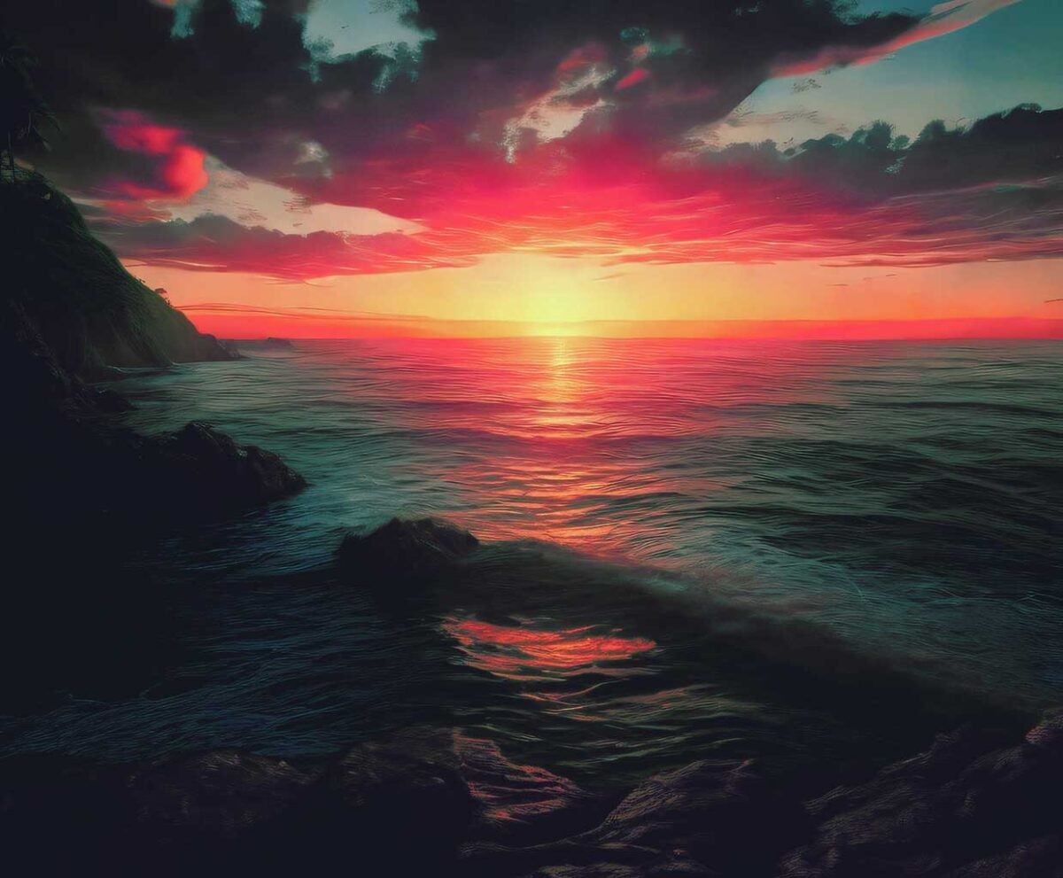 A mesmerizing sunset over the ocean with vibrant colors reflecting on the calm water, framed by cliffs on the shore.