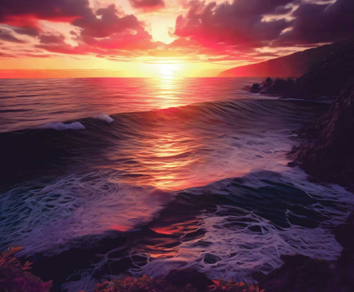 A stunning sunset over the ocean, with waves crashing against the shore, casting a vibrant glow on the sky and water.