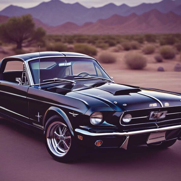Classic black muscle car displayed in an LED Box Frame, set against a desert landscape, offering a stylish, vibrant addition to any space.