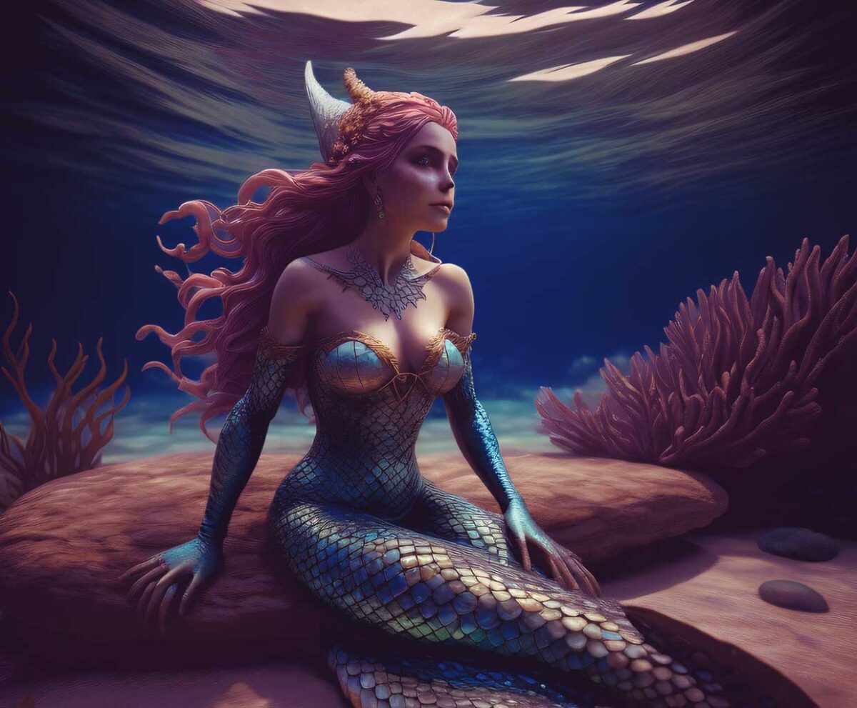 A beautiful mermaid with flowing red hair, gracefully seated underwater, surrounded by coral, radiating a serene and mystical aura.