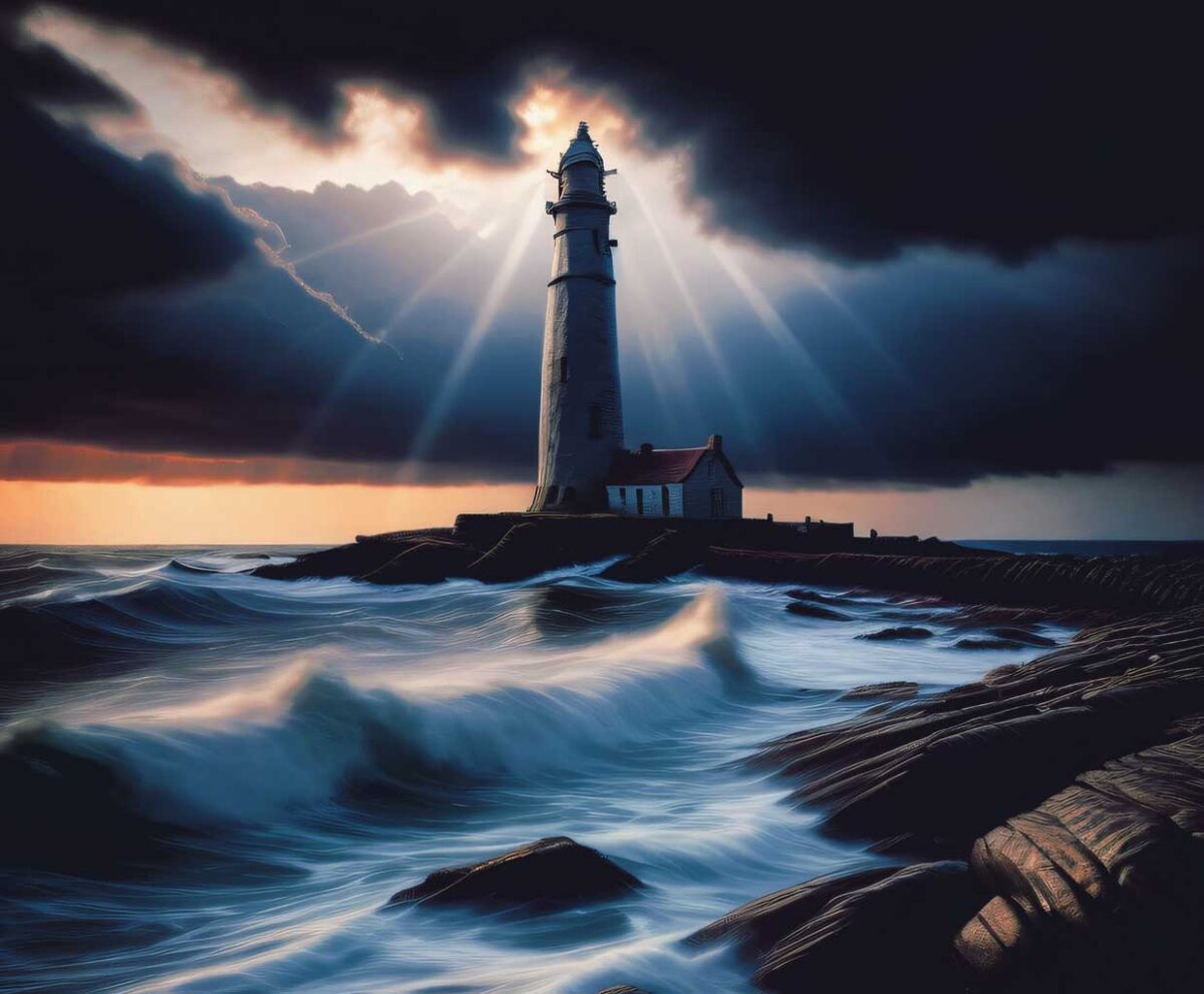 A lighthouse standing strong on a rocky shore as rays of sunlight pierce through the stormy clouds, illuminating the turbulent sea.