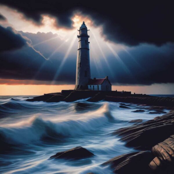 A lighthouse standing strong on a rocky shore as rays of sunlight pierce through the stormy clouds, illuminating the turbulent sea.