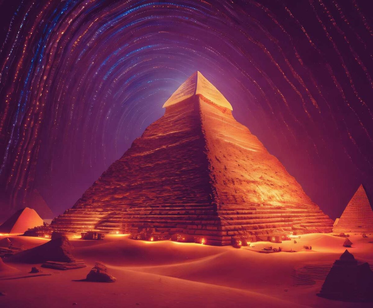 A glowing pyramid in the desert under a starry sky with colorful light trails creating a mesmerizing pattern above it.