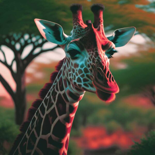 A close-up of a giraffe with a blurred background of trees and sunset light.