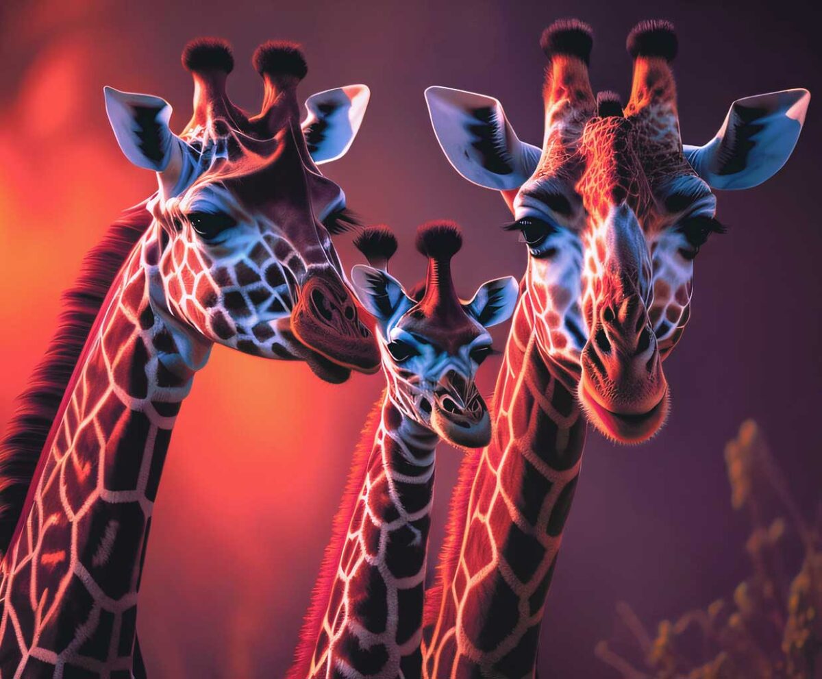 Three giraffes standing together in a vibrant sunset background.