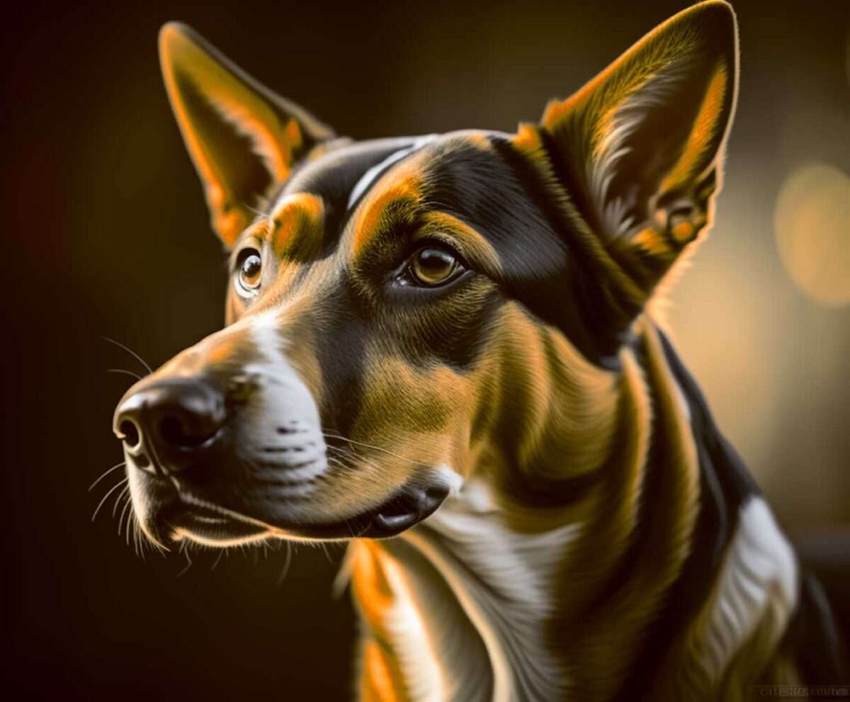 Close-up of a Basenji dog with upright ears and intense eyes, highlighted by soft golden lighting
