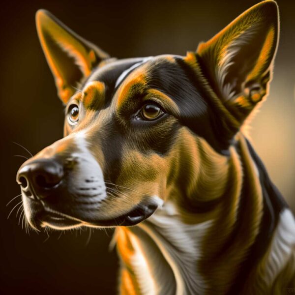 Close-up of a Basenji dog with upright ears and intense eyes, highlighted by soft golden lighting