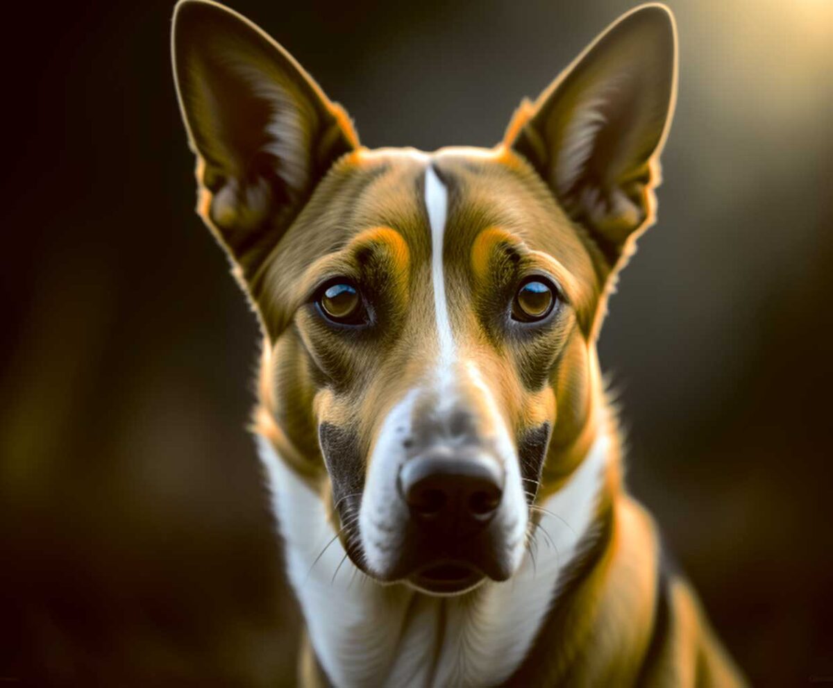 Close-up portrait of a Basenji dog with alert ears and glowing golden light on its face