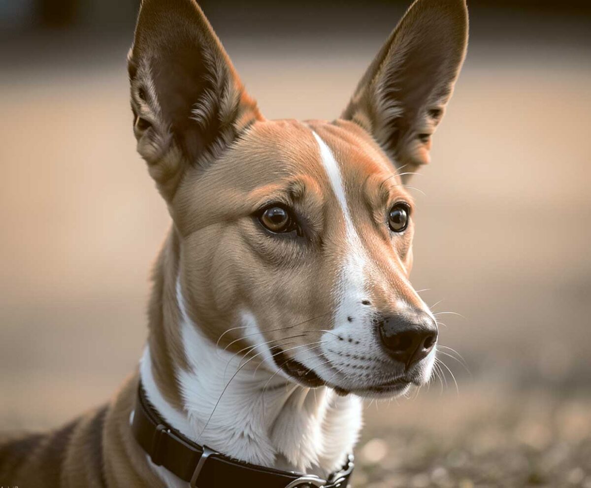 Close-up portrait of a Basenji dog with upright ears, almond-shaped eyes, and a smooth short coat