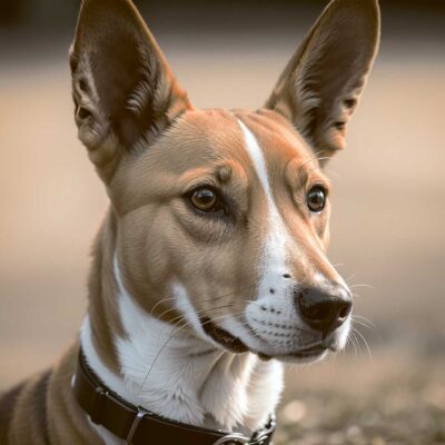 Close up portrait of a Basenji dog with upright ears almond shaped eyes and a smooth short coat