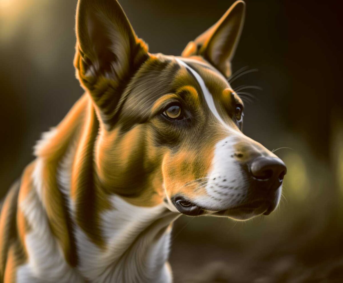 Side profile of a Basenji dog with alert ears and soft golden light highlighting its smooth coat
