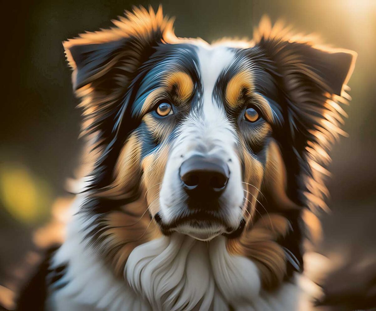Australian Shepherd dog portrait illuminated in a customizable LED Box Frame, perfect for home decor.