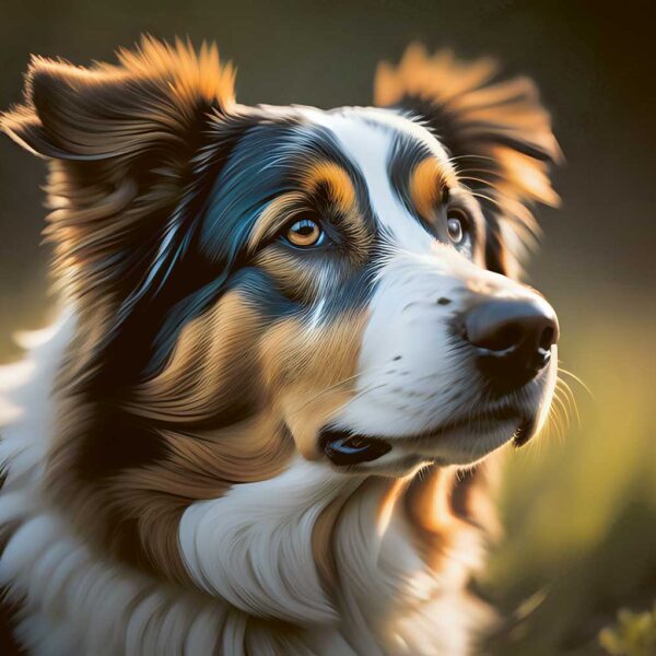 Close-up of a beautifully detailed Australian Shepherd dog portrait, designed for display in an LED Box Frame.