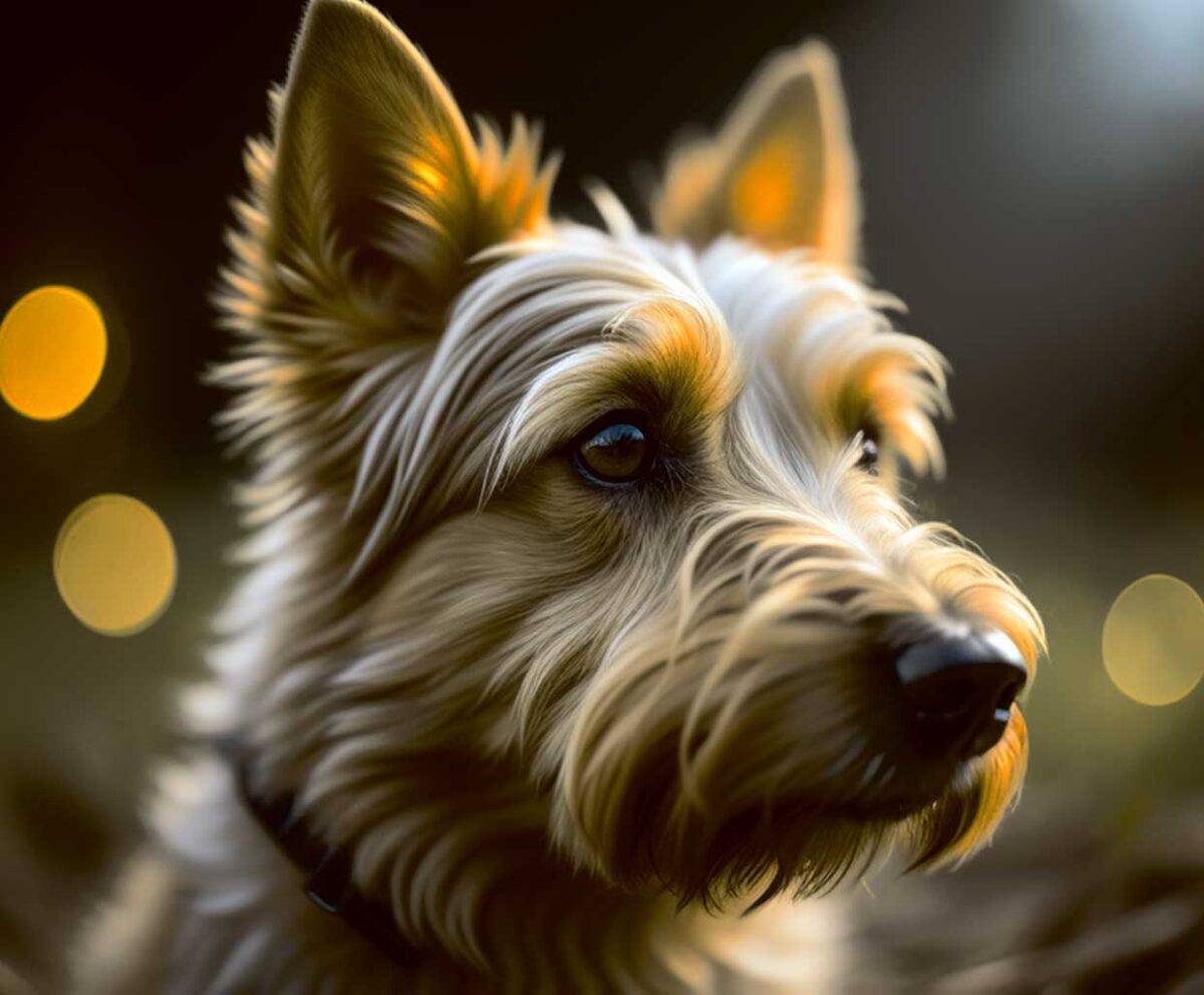 Australian Terrier dog portrait with a bokeh effect, perfect for display in an LED Box Frame to enhance your home decor.
