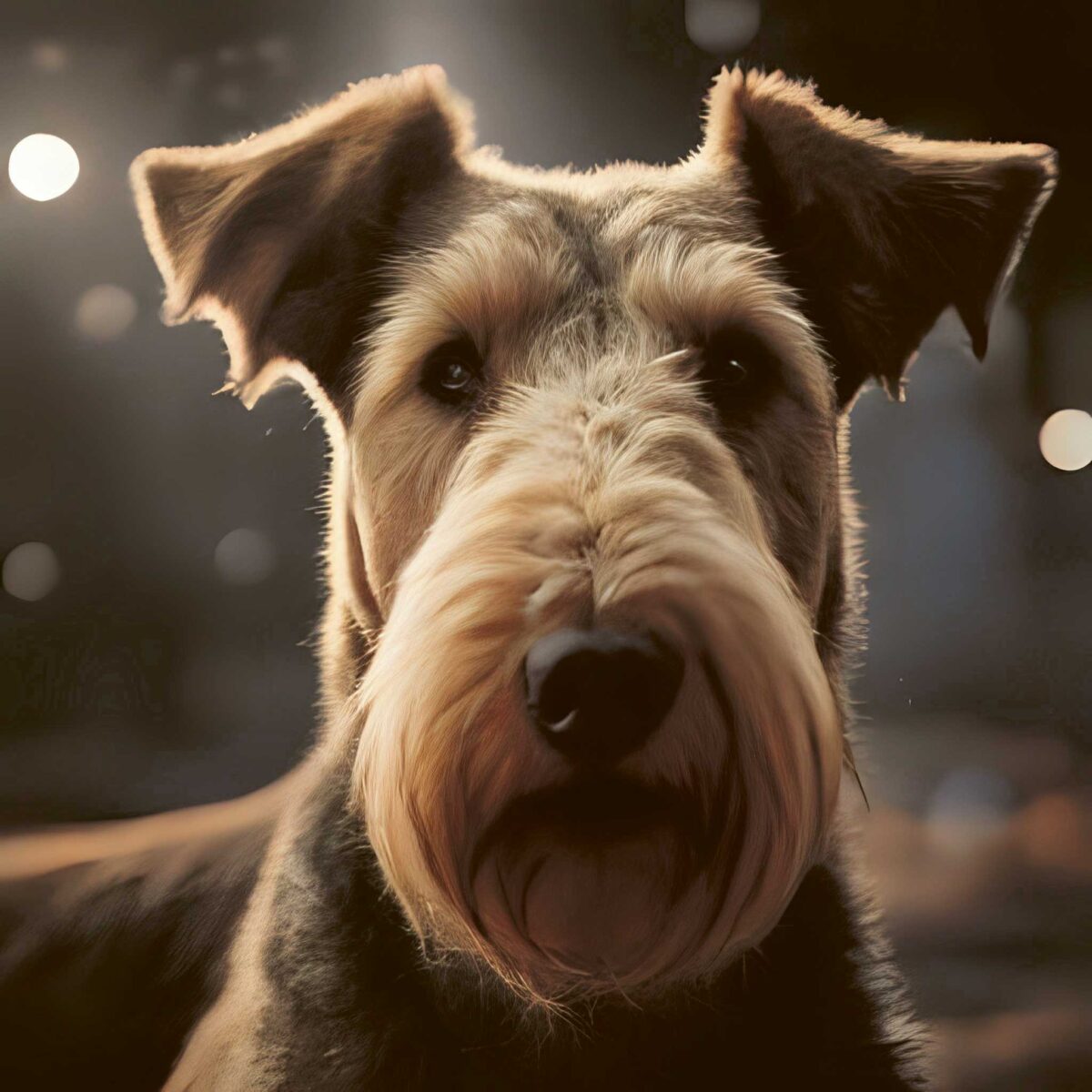 Close-up portrait of an Airedale Terrier with a distinctive beard and fur, beautifully showcased in a customizable LED Box Frame, adding elegance to any room.
