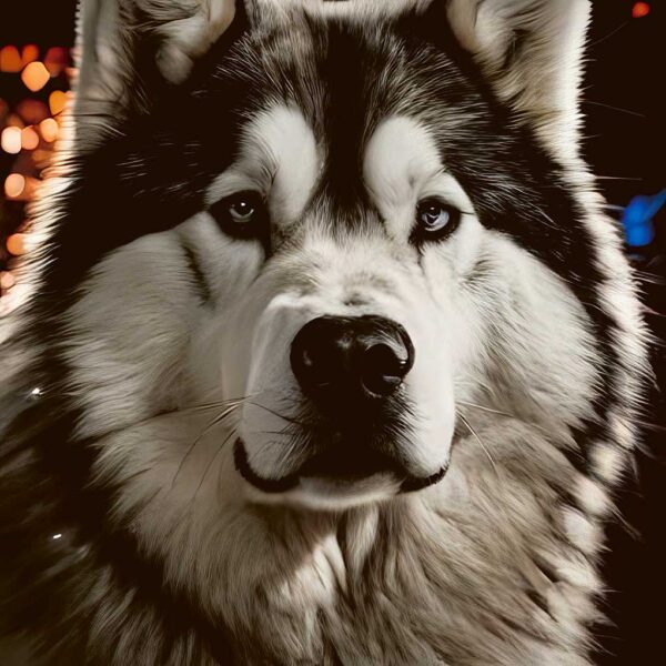 Close-up portrait of an Alaskan Malamute dog in LED Box Frame with vibrant, customizable lighting for an enhanced home decor experience.