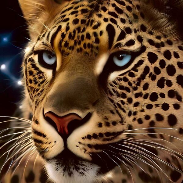 Close-up of a stunning leopard with striking blue eyes, showcased in a customizable LED Box Frame for unique and vibrant home decor.