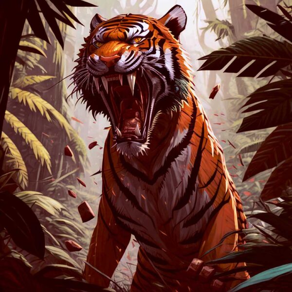 Majestic roaring tiger in a lush jungle, enhanced with customizable LED Box Frame lighting for bold, captivating home decor.