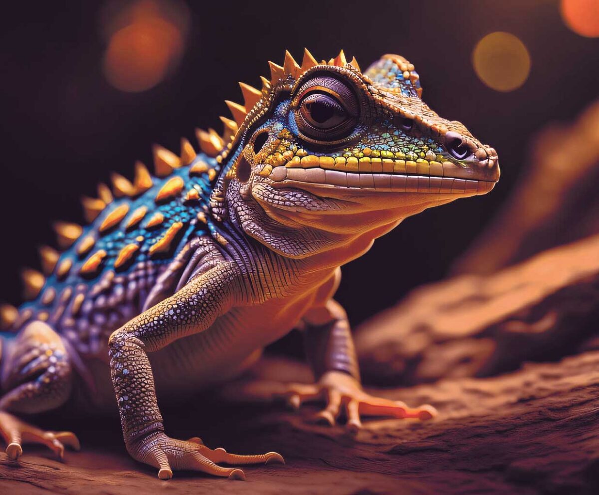 A vibrantly colored gecko with electric blue, orange, and gold scales perched on a log, highlighted against a dramatic bokeh background.
