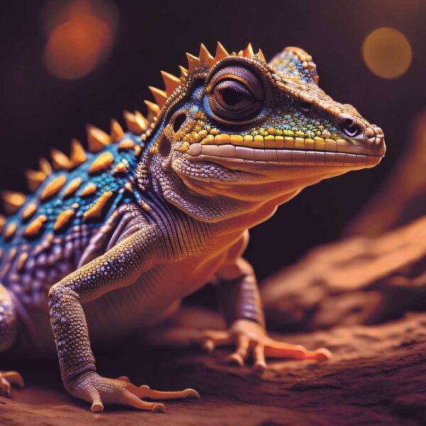 A vibrantly colored gecko with electric blue, orange, and gold scales perched on a log, highlighted against a dramatic bokeh background.