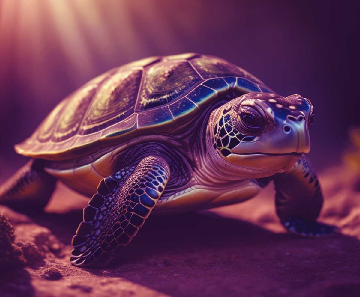 Underwater sea turtle with a cosmic-patterned shell basking in soft sunlight