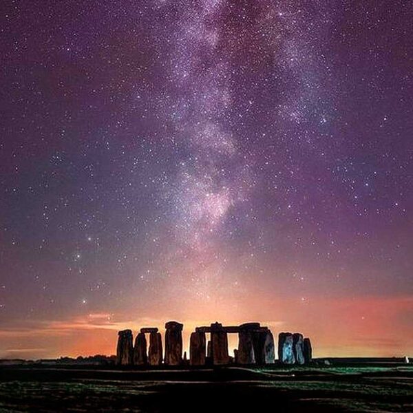 Stonehenge at dusk with the Milky Way in the sky, enhanced by customizable LED lighting in an eco-friendly LED Box Frame.