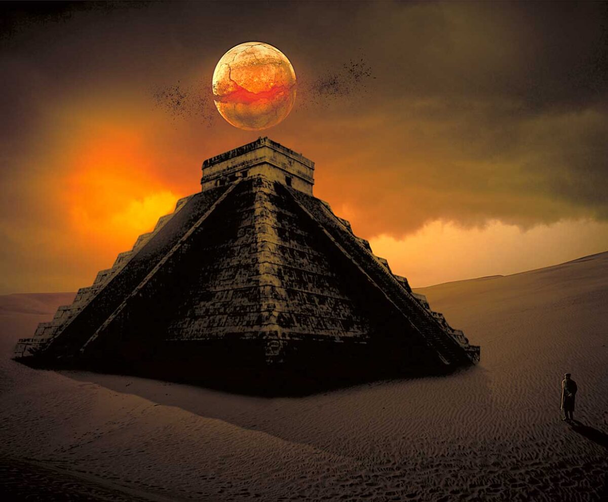 A mystical Mayan pyramid in a desert at sunset with a glowing planet or moon hovering above the structure
