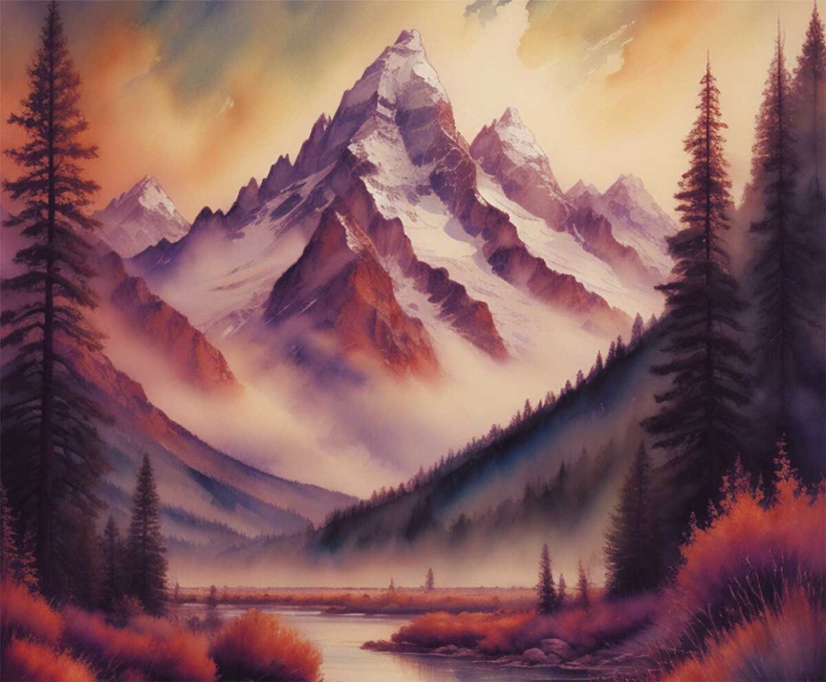 Mountain landscape painting, enhanced with eco-lit display and customizable LED lighting in an energy-efficient LED Box Frame.