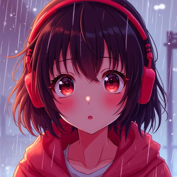 Anime girl in red hoodie and headphones looking up in the rain