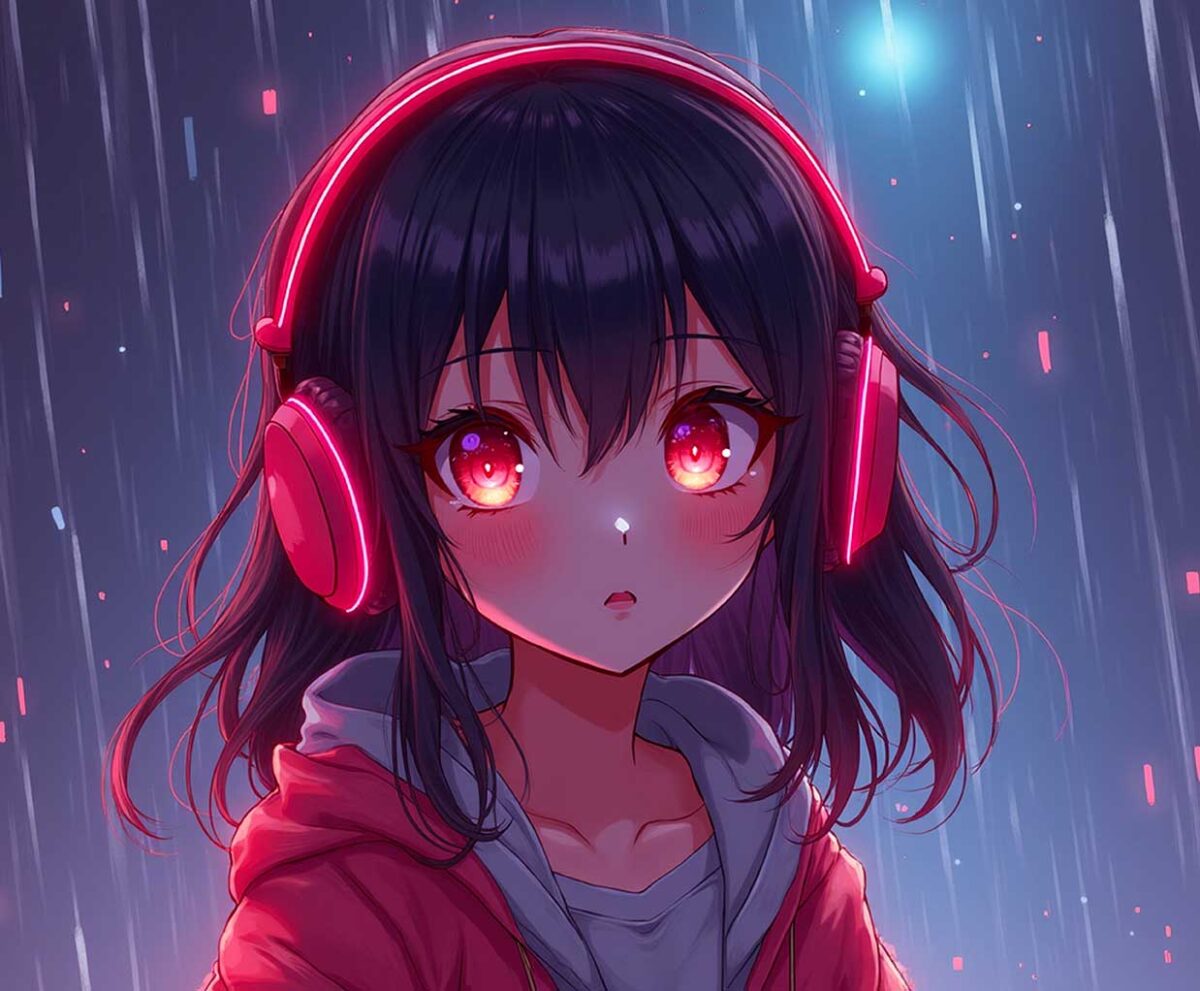 Anime girl with glowing red headphones standing in the rain looking up
