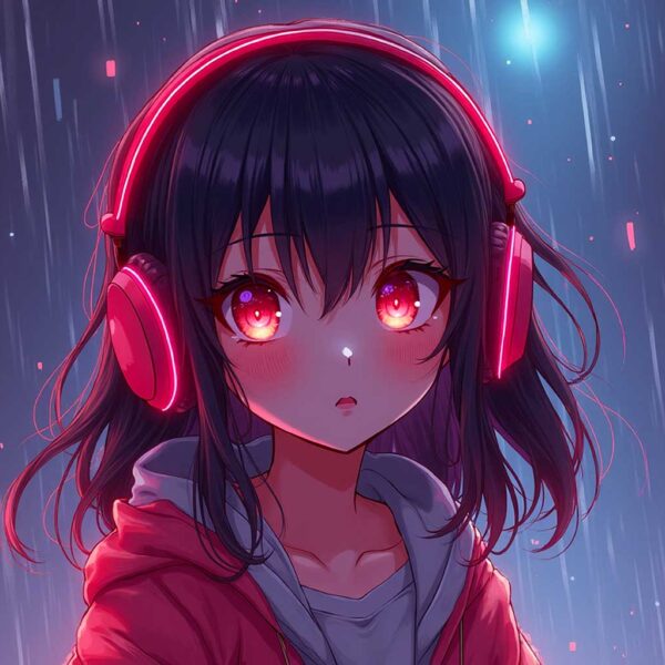 Anime girl with glowing red headphones standing in the rain looking up