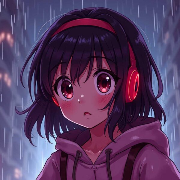 Anime girl wearing red headphones standing in the rain with a soft blush
