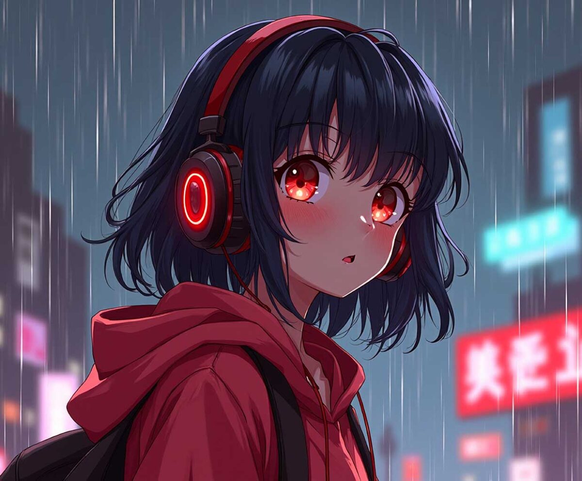 Anime girl in red hoodie with glowing headphones in the rain