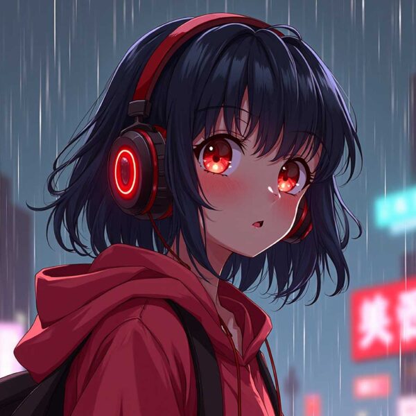Anime girl in red hoodie with glowing headphones in the rain