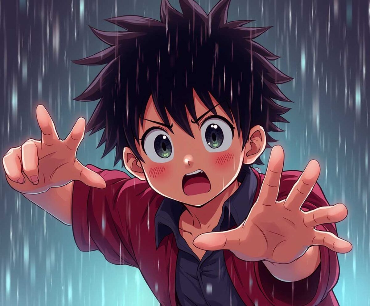 Anime boy with spiky hair reaching out in the rain with a shocked expression