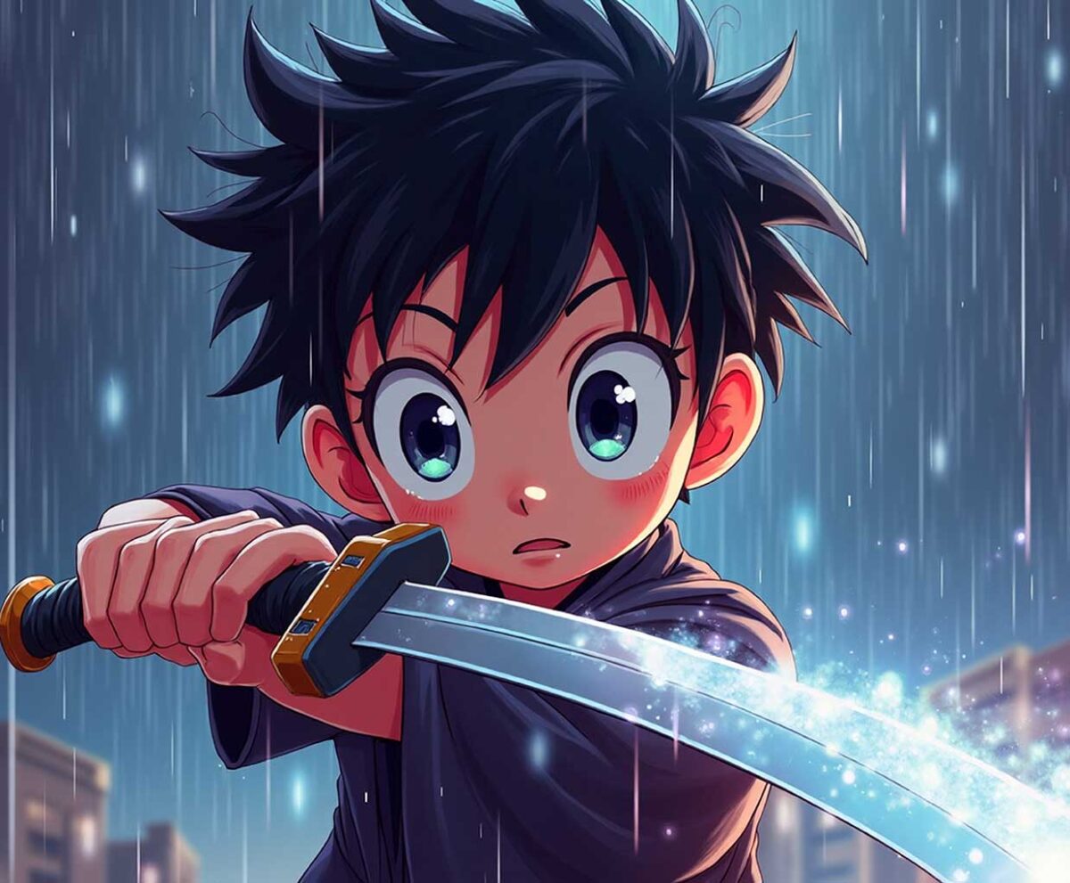 Anime boy with wide eyes holding a glowing katana under heavy rain