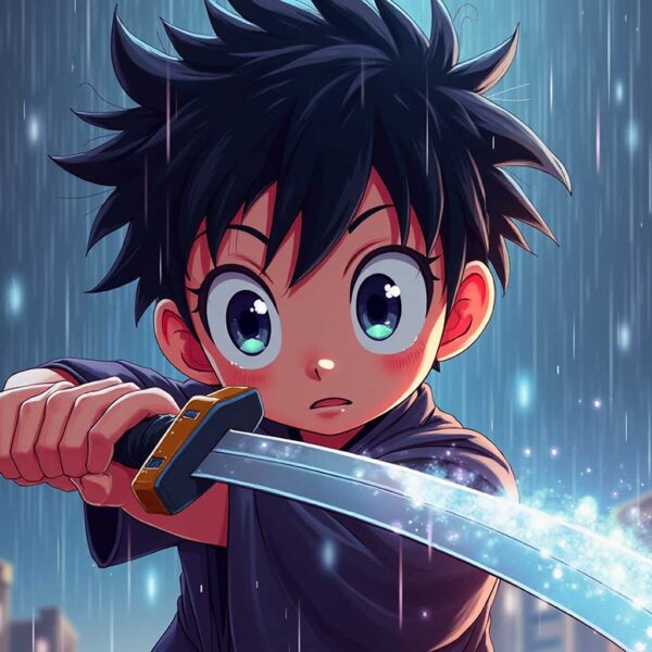 Anime boy with wide eyes holding a glowing katana under heavy rain