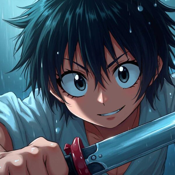 Anime boy with spiky black hair holding a sword in the rain, fierce expression, battle-ready