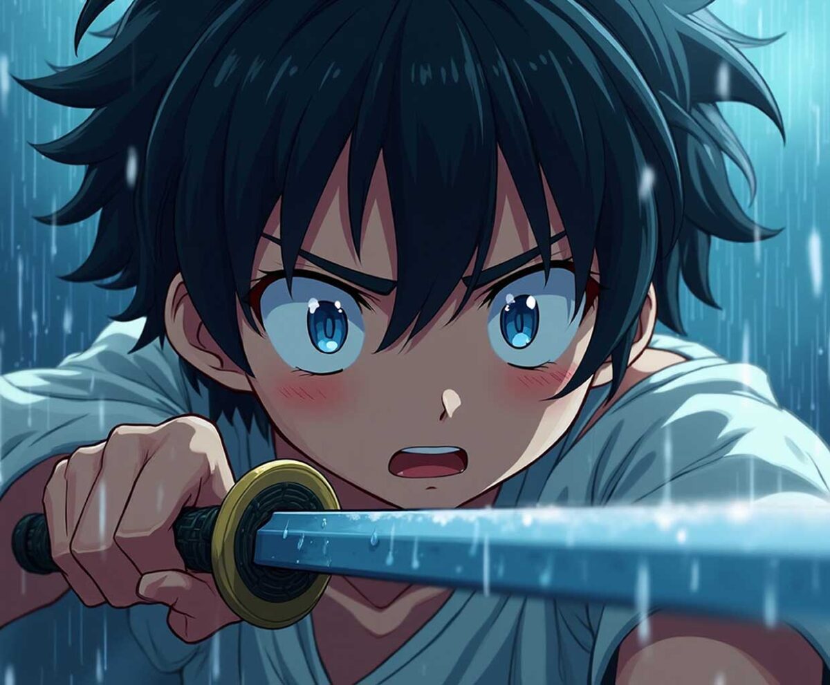 Anime boy with intense blue eyes holding a sword in the rain, battle-ready expression