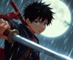 Anime boy with black hair and katana sword, mid-battle stance under full moon in rain