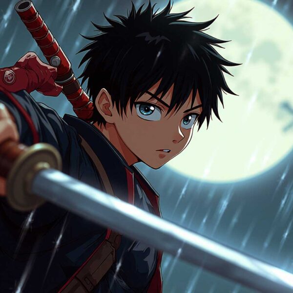 Anime boy with black hair and katana sword, mid-battle stance under full moon in rain