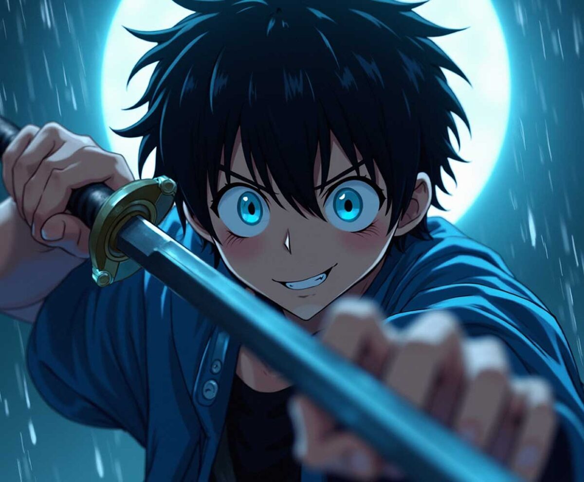 Anime boy with glowing blue eyes holding sword under moonlight in action pose