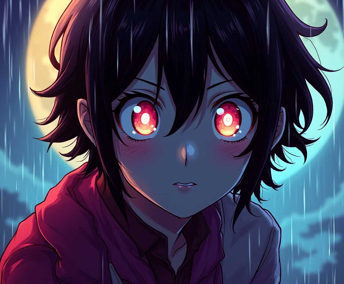 Anime character with glowing eyes under rain and moonlight in dramatic scene