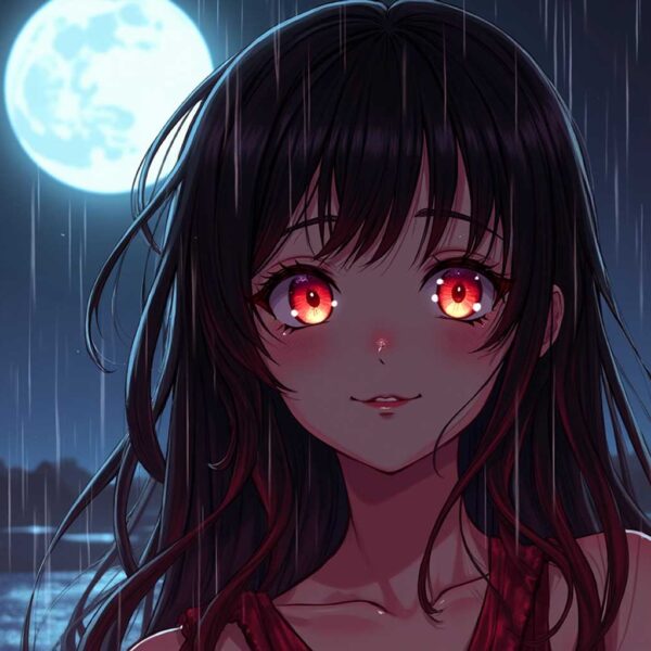 Anime girl with glowing red eyes standing in the rain under moonlight