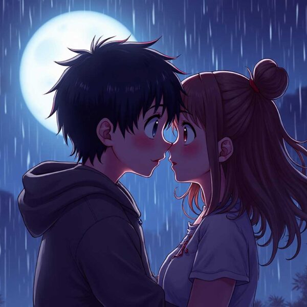 Anime couple sharing a romantic moment under the rain with a glowing full moon in the background