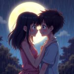 Anime couple shyly embracing in the rain with a full moon in the background