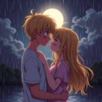 Romantic anime couple hugging in the rain under a glowing full moon