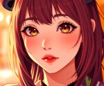 Close-up portrait of anime girl with glowing amber eyes and soft lighting