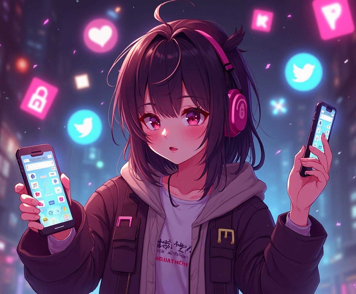 Anime girl hacker with two phones, pink headphones, and floating social icons in neon cityscape