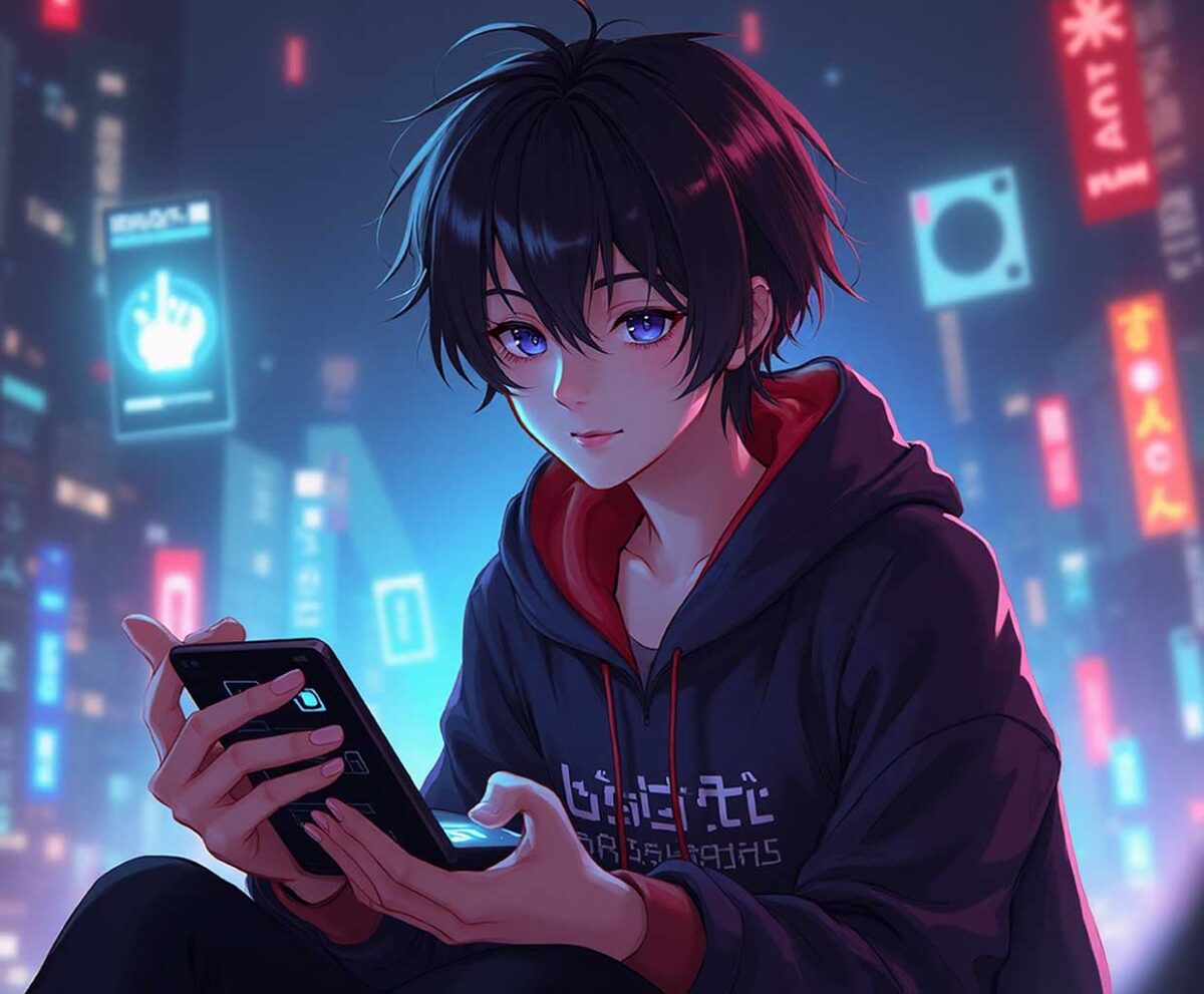 Cool anime hacker boy with black hair and glowing city lights – LED light box frame